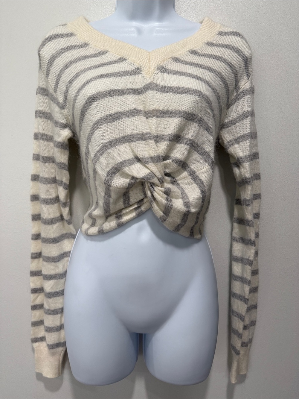 Striped Cream and Gray Twist-Front Cropped Women's Sweater
